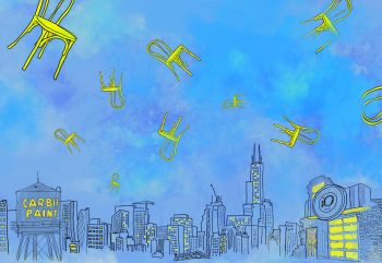 Flyer that reads "The Armando" with "Thursdays at 8pm" in lower right corner and yellow chairs floating above the Chicago skyline.